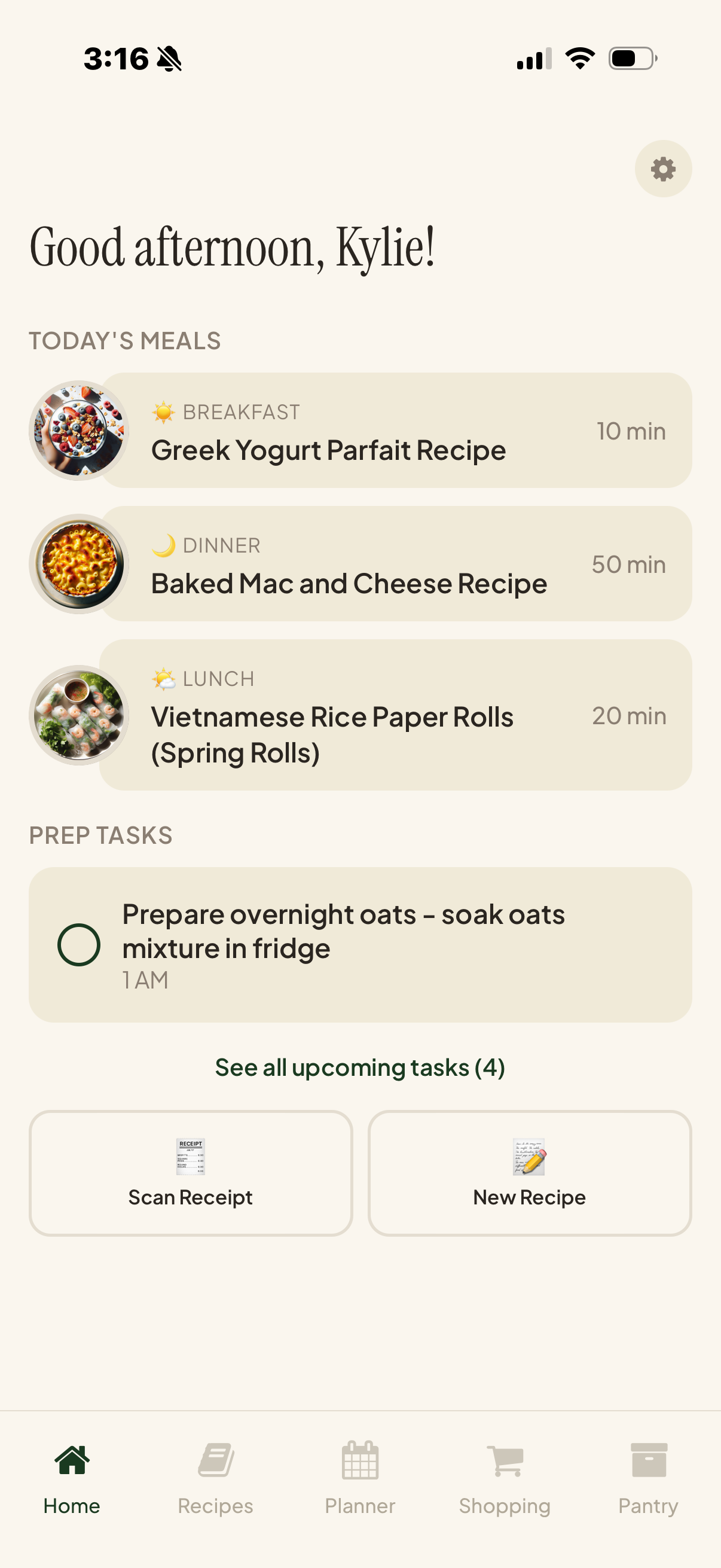 Kit app home screen showing today's meals and prep tasks