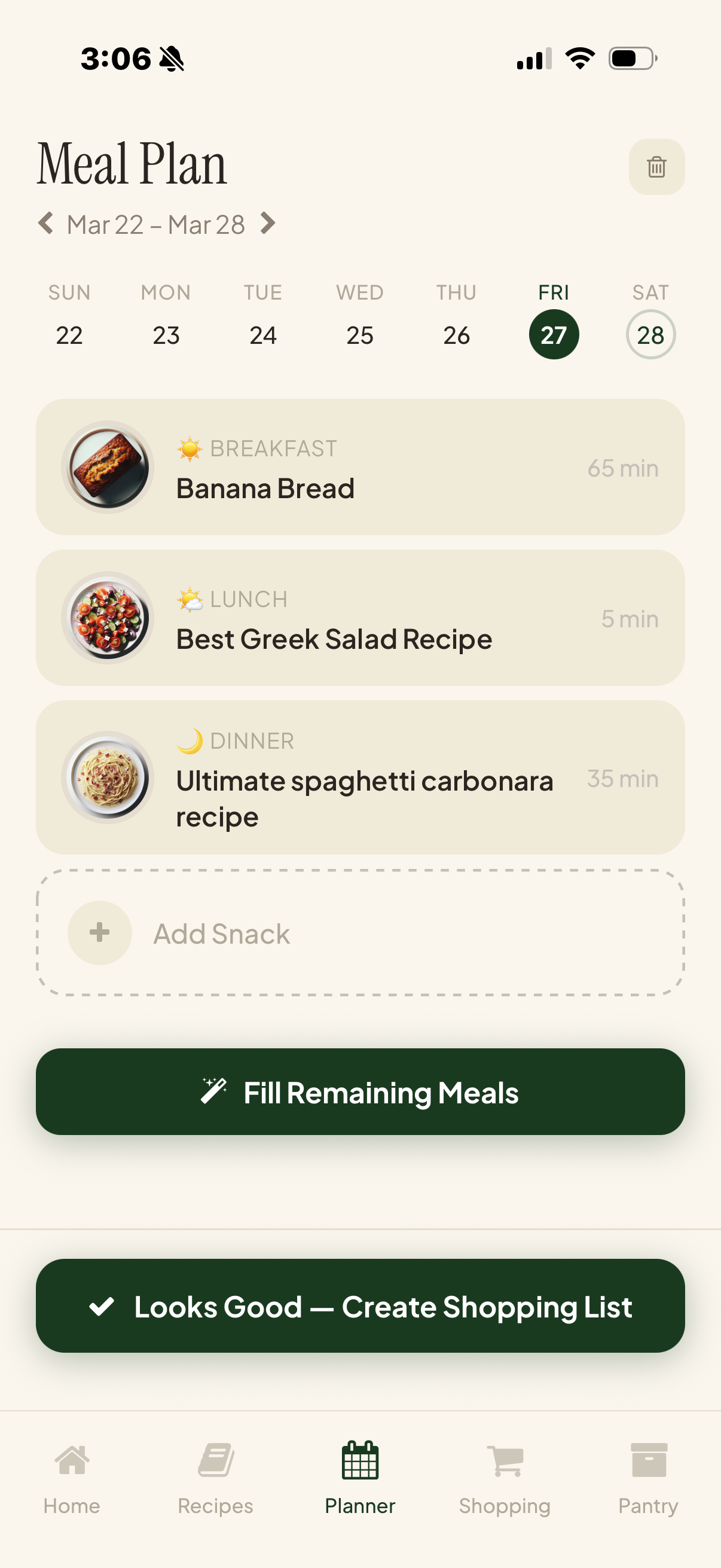Kit meal plan view showing a weekly schedule with breakfast, lunch, and dinner